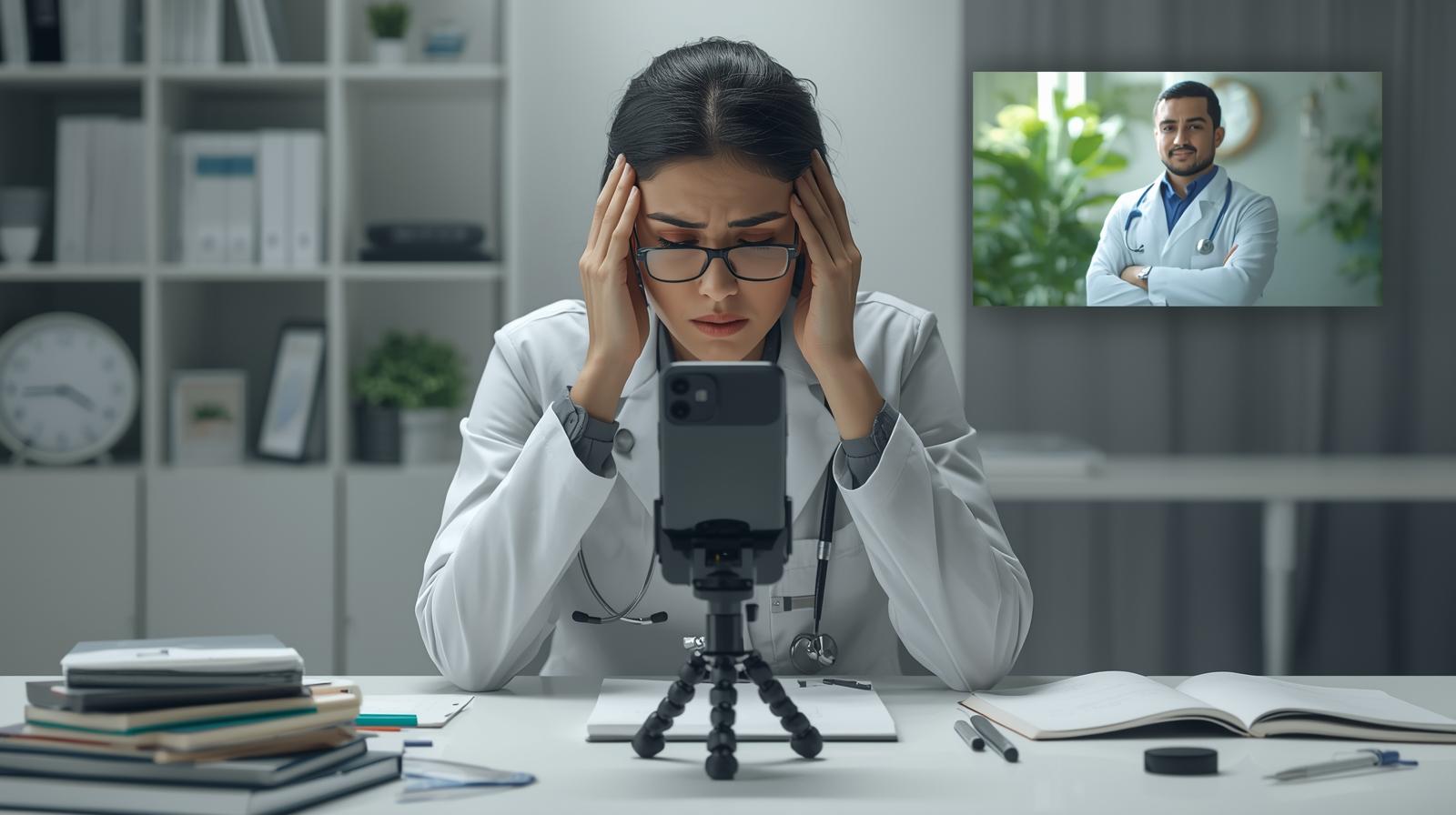 Médico frustrado tentando gravar conteúdo